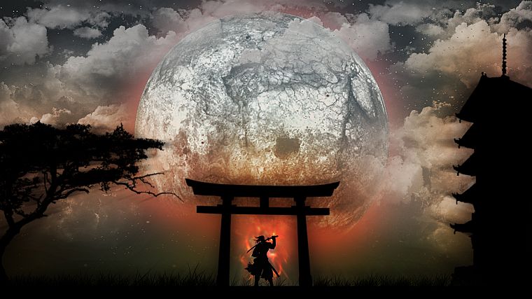 Japan, Moon, samurai, drawings - desktop wallpaper