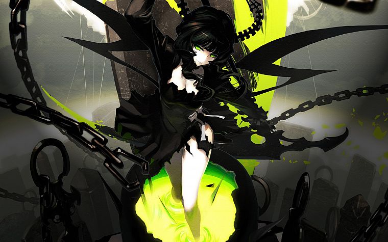 skulls, wings, dress, Black Rock Shooter, Dead Master, horns, green eyes, chains, anime girls - desktop wallpaper