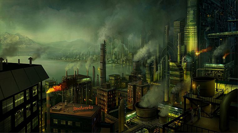cityscapes, smoke, buildings, concept art, industrial plants, chimneys, factories, workers, Philip Straub - desktop wallpaper