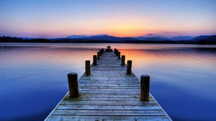 water, sunset, landscapes, England, hills, piers, calm, lakes - desktop wallpaper