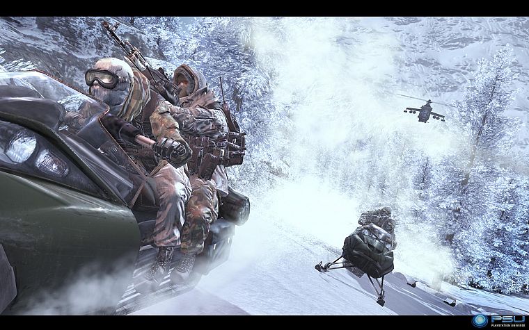 snow, trees, helicopters, forests, storm, Call of Duty, goggles, camouflage, spetsnaz, Call of Duty: Modern Warfare 2, ACOG, Russians, ak47, snowmobiles - desktop wallpaper