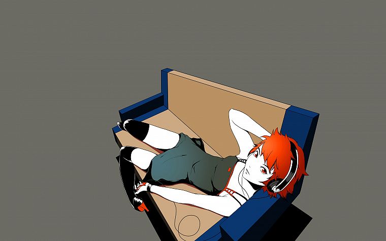 headphones, dress, stockings, redheads, thigh highs, simple background, anime girls, gray background - desktop wallpaper