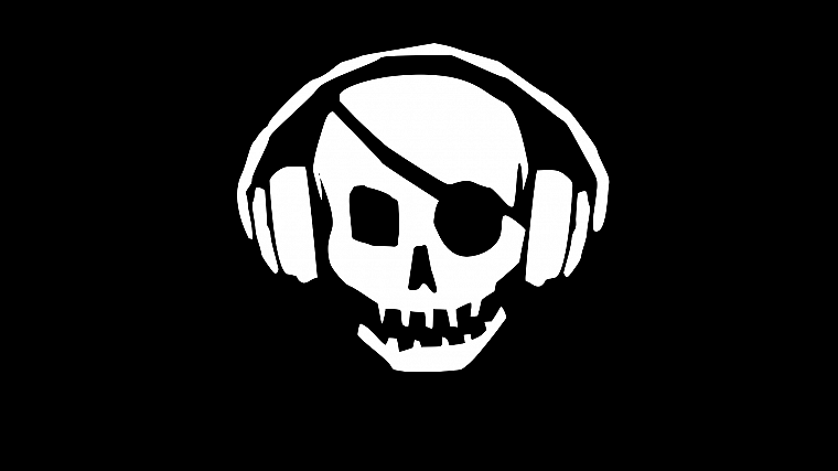headphones, skulls, pirates, eyepatch, black background - desktop wallpaper
