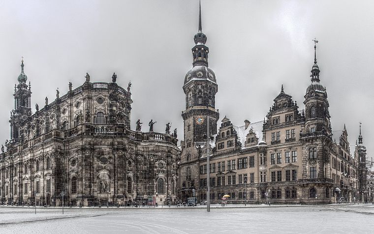 snow, cityscapes, Germany, sculptures, churches, Dresden, HDR photography - desktop wallpaper