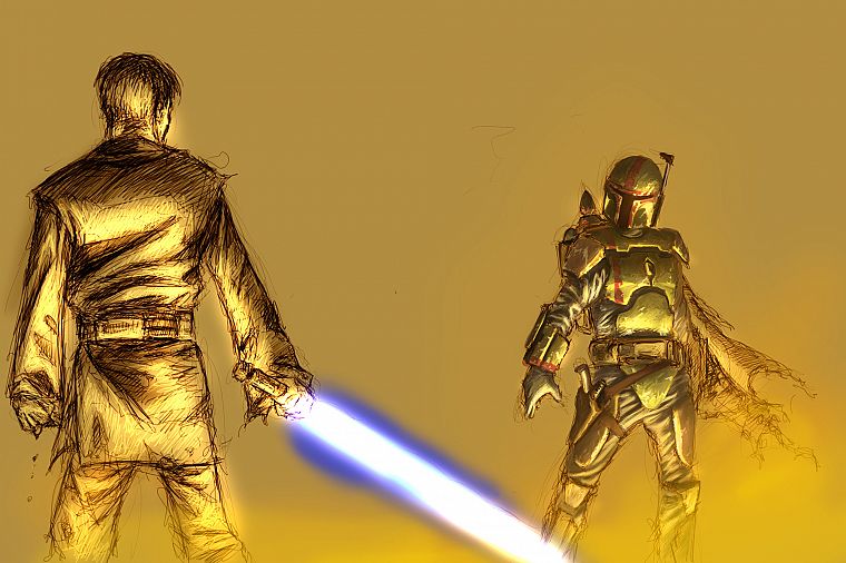 Star Wars, lightsabers, Jango Fett, Obi-Wan Kenobi - desktop wallpaper