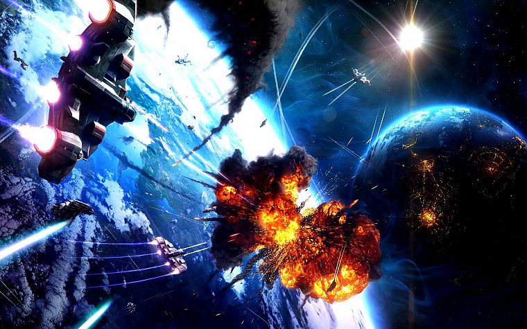 light, outer space, futuristic, explosions, planets, spaceships, digital art, vehicles - desktop wallpaper