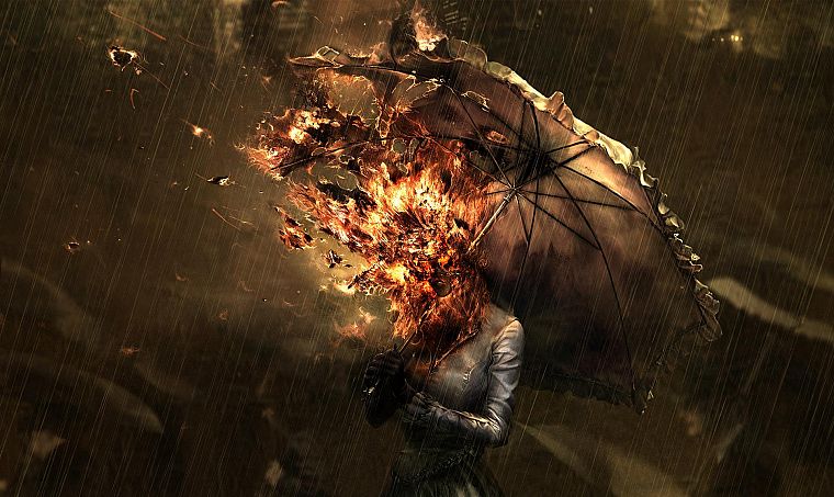 women, rain, fire, umbrellas - desktop wallpaper