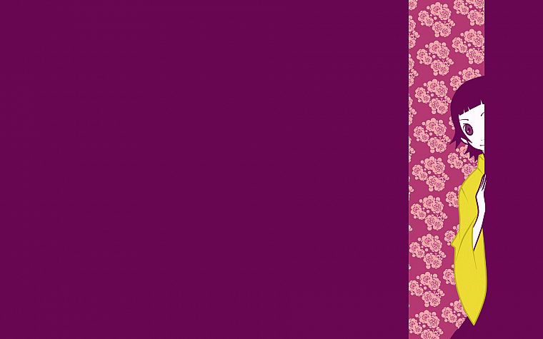 Sayonara Zetsubou Sensei, purple hair, short hair, purple eyes, Japanese clothes, simple background, anime girls, purple background, bangs, peeking, floral texture, Tsunetsuki Matoi, wide sleeves - desktop wallpaper