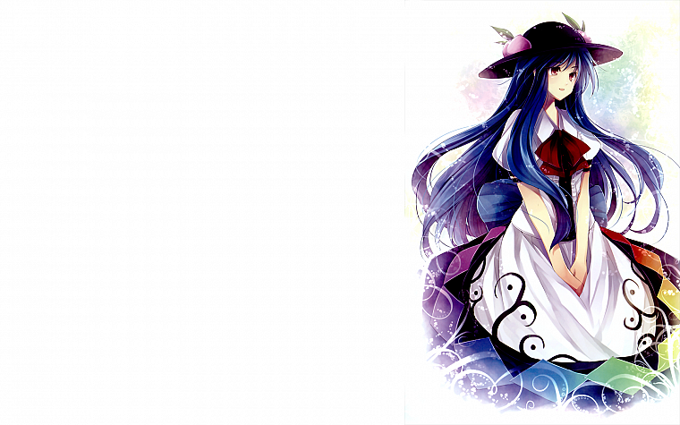 Touhou, dress, patterns, long hair, blue hair, Hinanawi Tenshi, hats, simple background, anime girls, Hagiwara Rin - desktop wallpaper