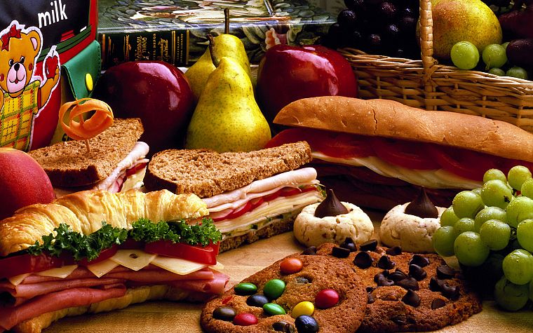 sandwiches, food, cookies, bread, grapes, pears, apples - desktop wallpaper
