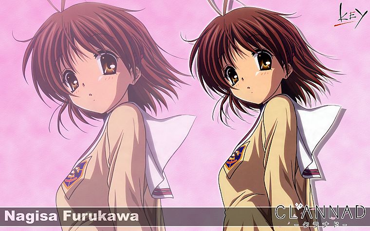 brunettes, school uniforms, Clannad, Furukawa Nagisa, simple background, sailor uniforms, pink background - desktop wallpaper