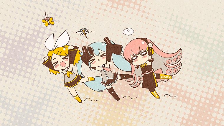 Vocaloid, Hatsune Miku, Megurine Luka, chibi, Kagamine Rin, butterflies - desktop wallpaper