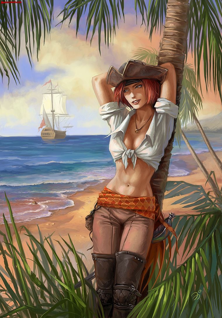 women, paintings, redheads, pirates, paint, artwork - desktop wallpaper