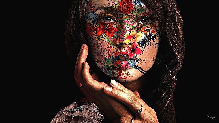 women, paintings, artistic, flowers, paint, faces, painted body, black background - desktop wallpaper