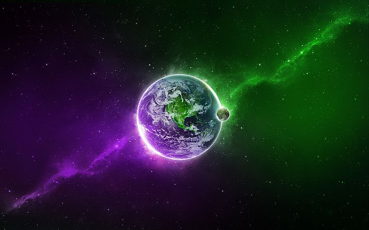 green, outer space, stars, purple, Earth - desktop wallpaper