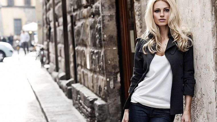 blondes, women, jeans, cleavage, jackets, white shirt, leaning - desktop wallpaper