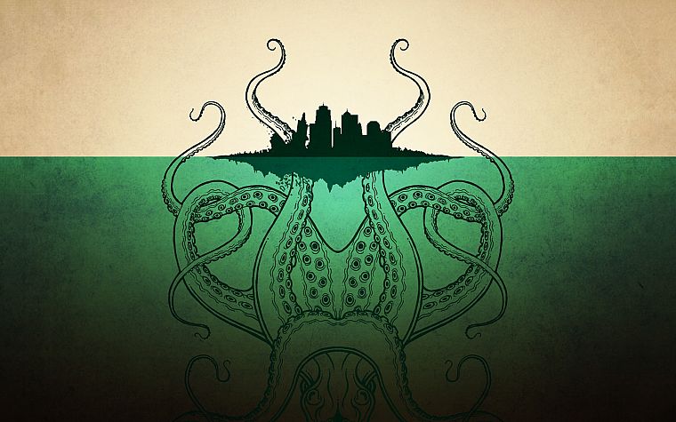 tentacles, Cthulhu, islands, artwork, city skyline, sea - desktop wallpaper