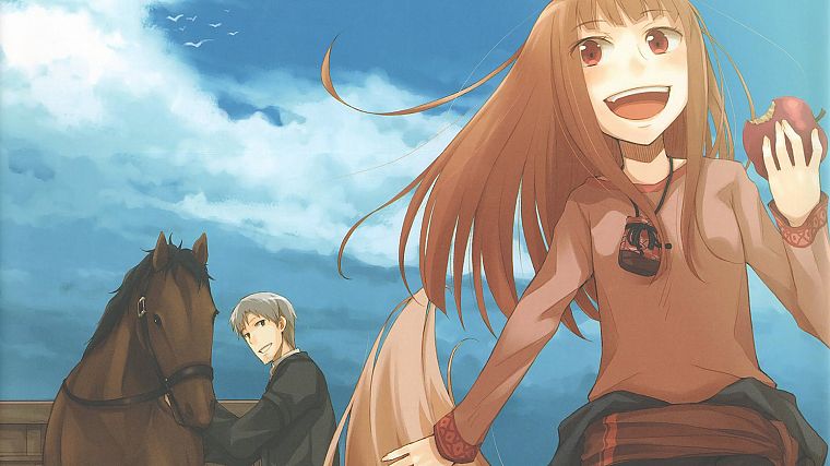 clouds, Spice and Wolf, blue eyes, long hair, red eyes, horses, short hair, open mouth, anime boys, orange hair, gray hair, skyscapes, Holo The Wise Wolf, apples, anime girls, low-angle shot, talisman - desktop wallpaper