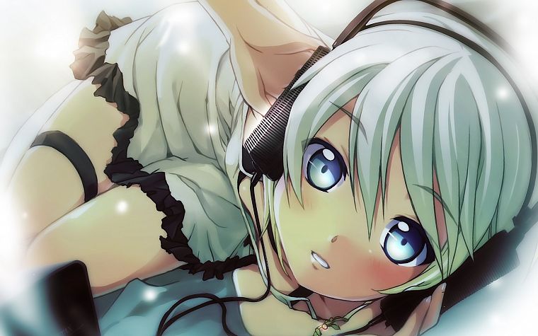 headphones, dress, blue eyes, anime girls, original characters - desktop wallpaper