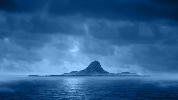 blue, clouds, night, Moon, islands - desktop wallpaper