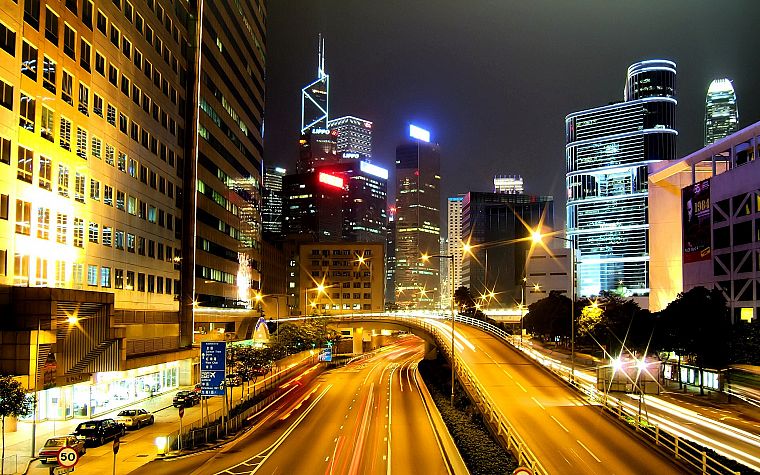 cityscapes, lights, buildings, Hong Kong, roads, long exposure - desktop wallpaper