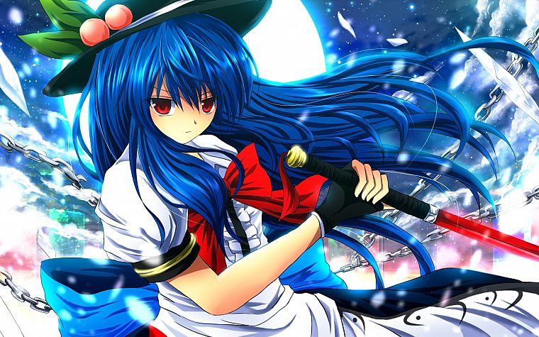 video games, Touhou, long hair, blue hair, red eyes, Hinanawi Tenshi, hats, anime girls, Nekominase - desktop wallpaper