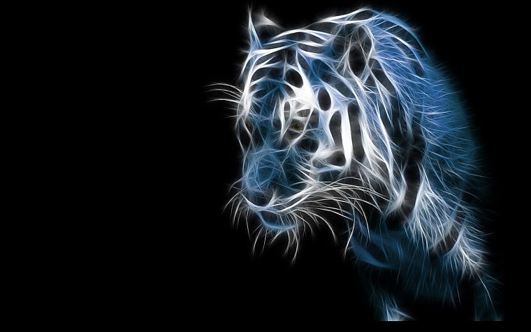 blue, animals, tigers, Fractalius, black background - desktop wallpaper