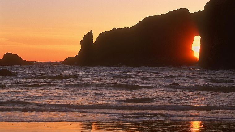 sunset, waves, National Park, Washington - desktop wallpaper
