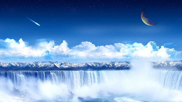 mountains, clouds, meteorite, waterfalls, photo manipulation - desktop wallpaper