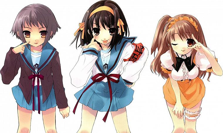 school uniforms, Asahina Mikuru, Nagato Yuki, The Melancholy of Haruhi Suzumiya, simple background, white background, Suzumiya Haruhi - desktop wallpaper