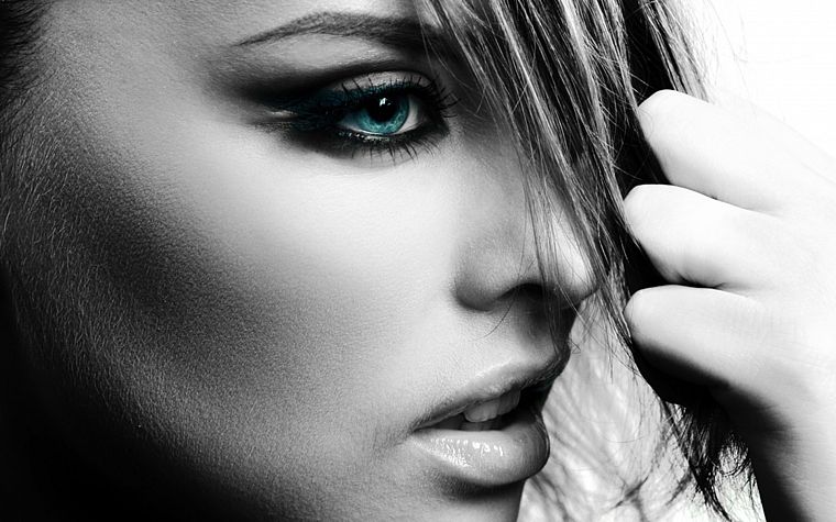 women, close-up, blue eyes, selective coloring, faces - desktop wallpaper