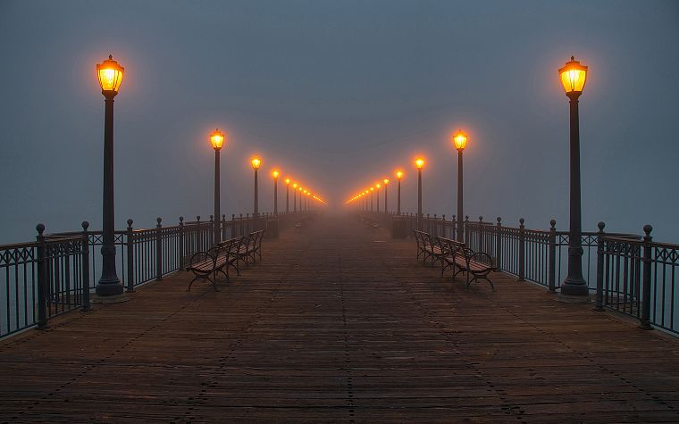 water, fog, piers, lamps - desktop wallpaper