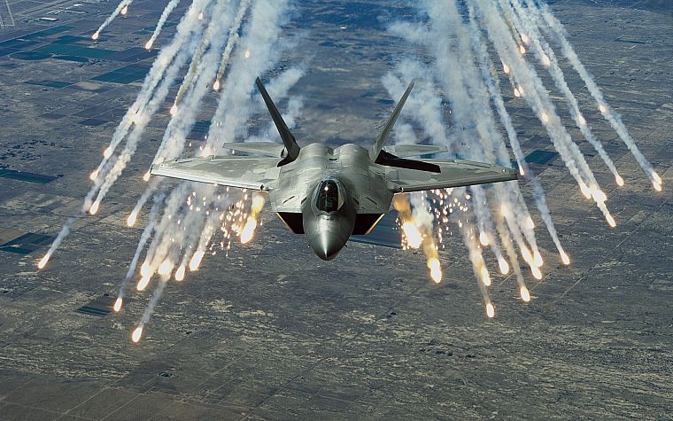 aircraft, military, F-22 Raptor, planes, flares - desktop wallpaper