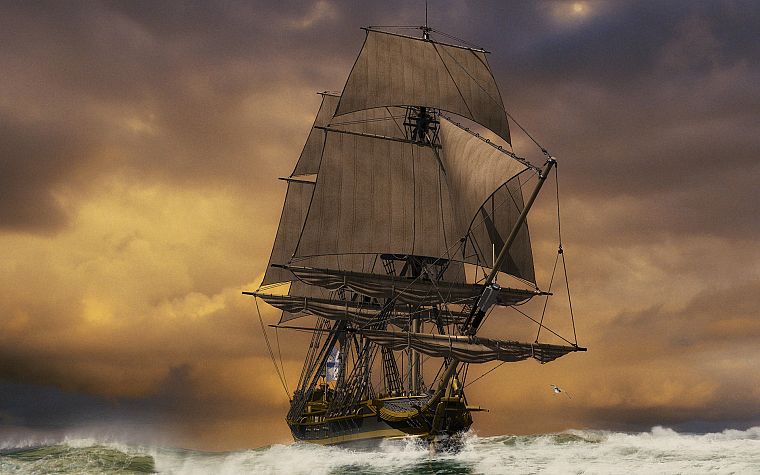 sunset, ocean, ships, sail ship, sailing, sails - desktop wallpaper