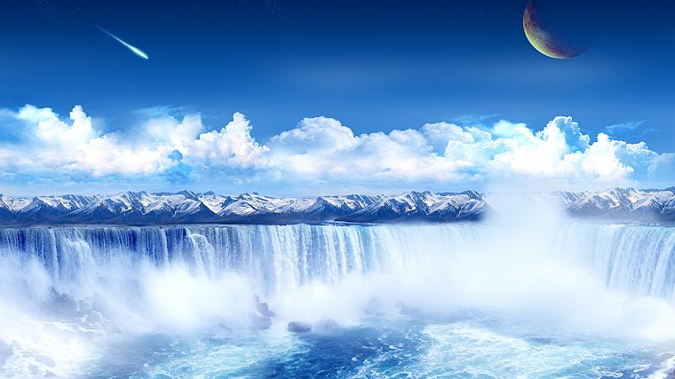 mountains, Moon, mist, waterfalls, skyscapes - desktop wallpaper