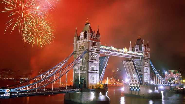 cityscapes, architecture, fireworks, London, urban, buildings, Tower Bridge - desktop wallpaper