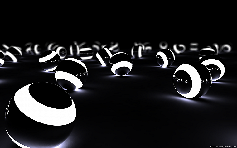 3D view, abstract, black, white, balls, glowing - desktop wallpaper