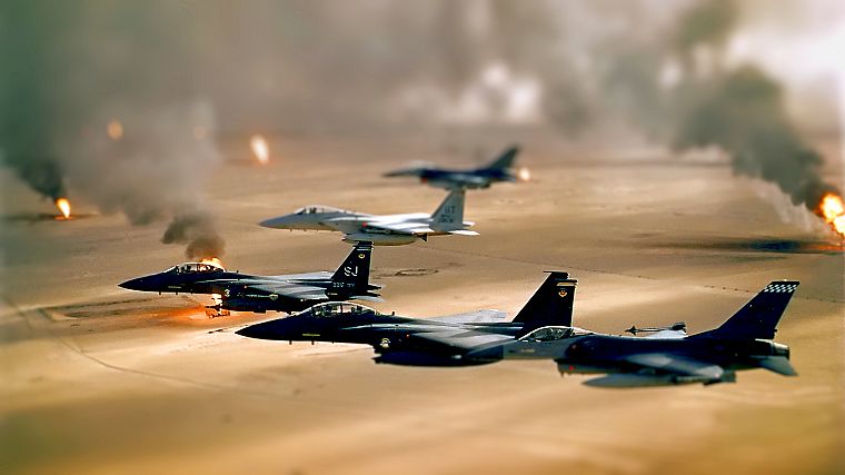 oil, deserts, smoke, fields, Iraq, tilt-shift, fighter jets - desktop wallpaper