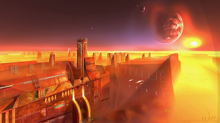 planets, buildings, sunlight, science fiction, Tigaer Hecker - desktop wallpaper