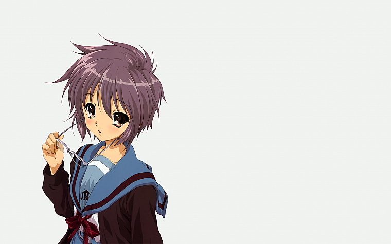 school uniforms, Nagato Yuki, The Melancholy of Haruhi Suzumiya, simple background, anime girls - desktop wallpaper