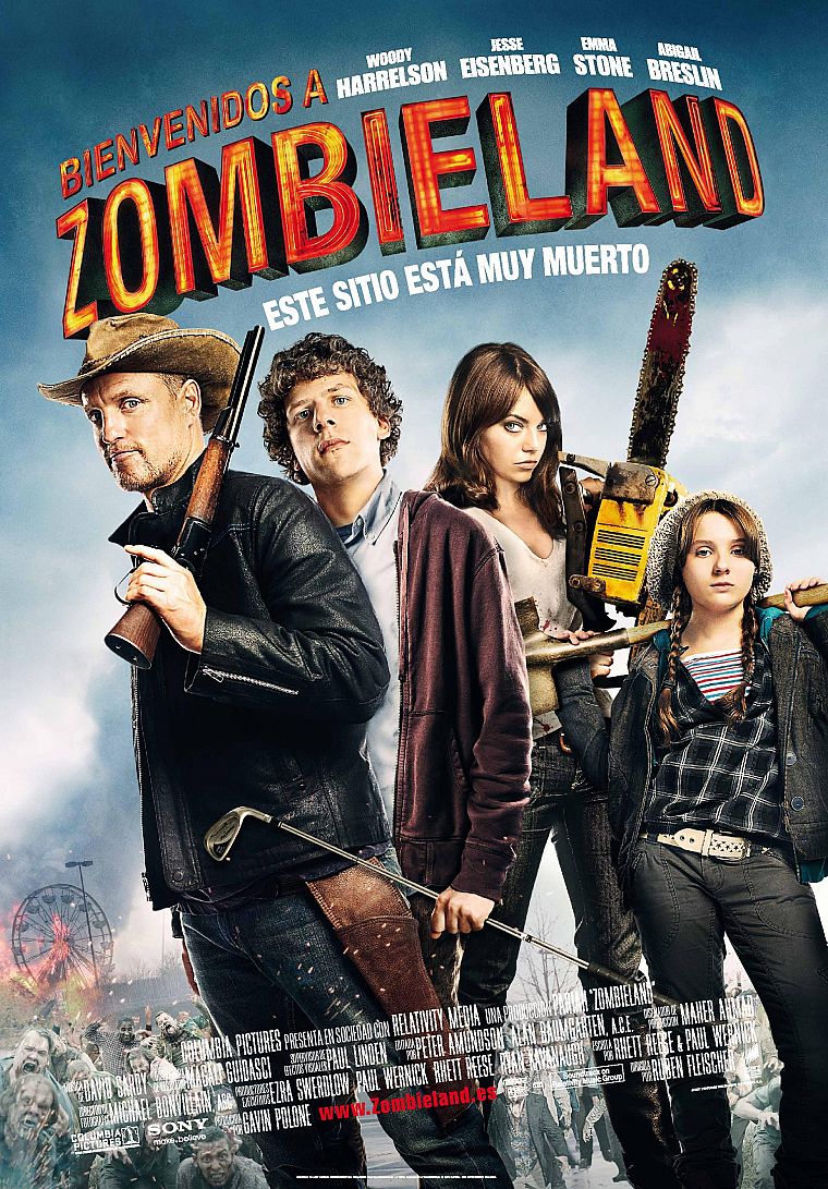 Emma Stone, Spanish, Zombieland, Abigail Breslin, Jesse Eisenberg, Woody Harrelson, movie posters - desktop wallpaper