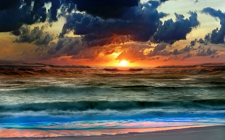 sunset, ocean, clouds, nature, beaches - desktop wallpaper