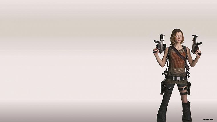 brunettes, women, Resident Evil, girls with guns, Milla Jovovich, simple background - desktop wallpaper