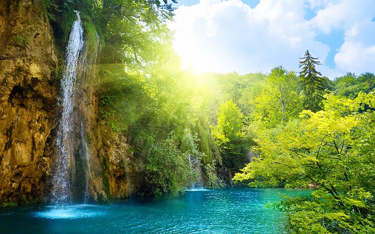 landscapes, nature, sunlight, lakes, waterfalls - desktop wallpaper