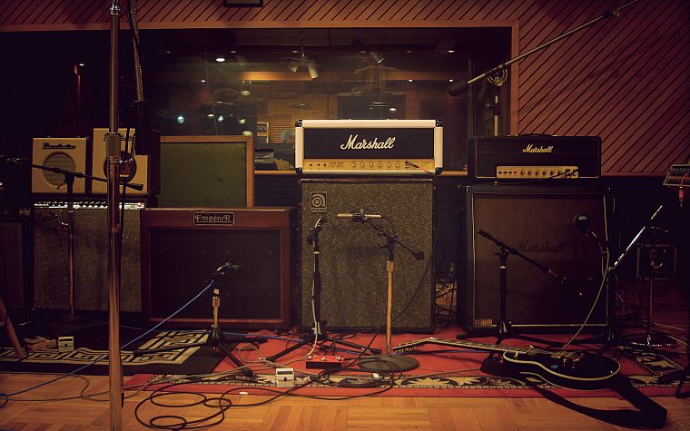 studio, guitars, microphones - desktop wallpaper