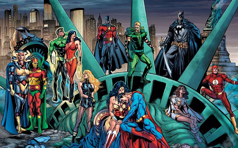 Batman, DC Comics, comics, Superman, New York City, Statue of Liberty, The Flash, Flash (superhero), Wonder Woman - desktop wallpaper