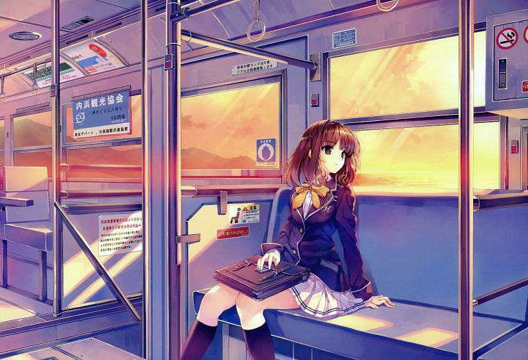 sunset, school uniforms, trains, skirts, anime, Misaki Kurehito, Ushinawareta Mirai wo Motomete, anime girls, Sasaki Kaori - desktop wallpaper