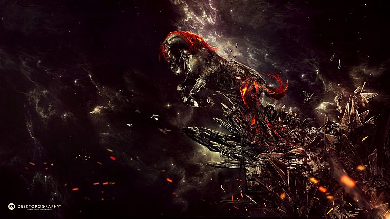 fire, Hell, horses, artwork, Desktopography - desktop wallpaper