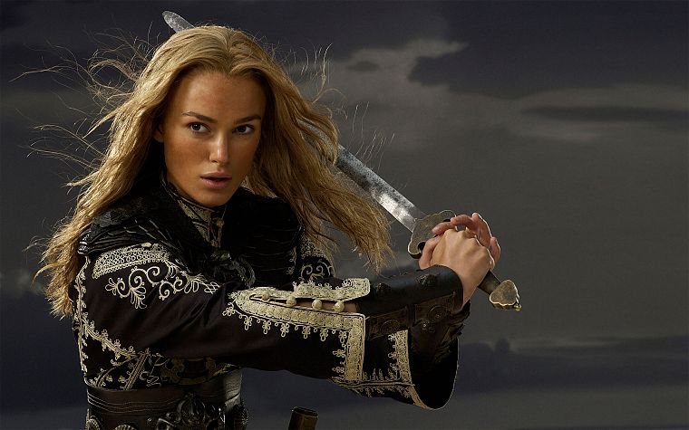 blondes, women, Keira Knightley, Pirates of the Caribbean, swords, Elizabeth Swann - desktop wallpaper