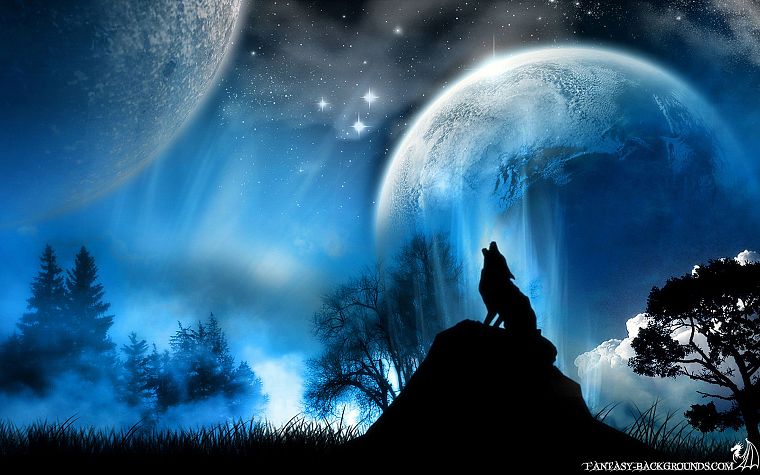 blue, stars, planets, Moon, wolves - desktop wallpaper